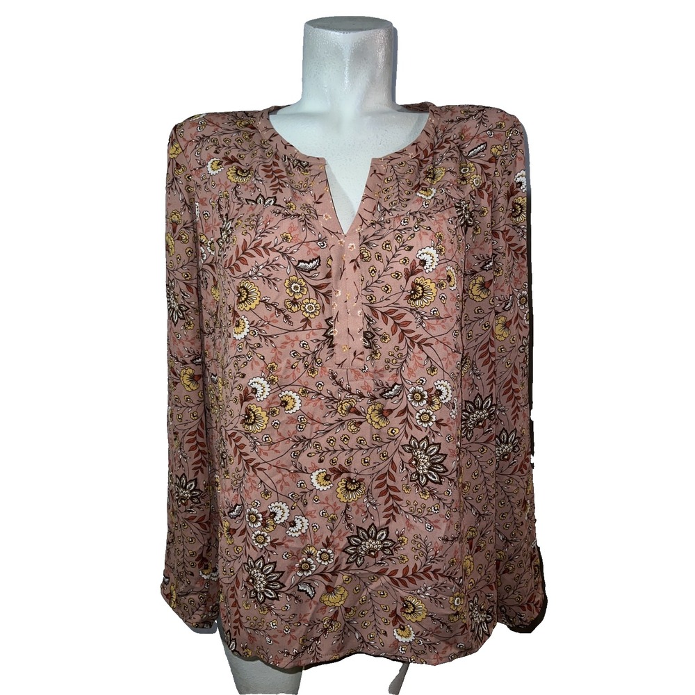 DR2 Daniel Rainn Womens Sz Large Floral V-Neck Cutout Back Roll Tab Blouse Pink - Picture 6 of 12